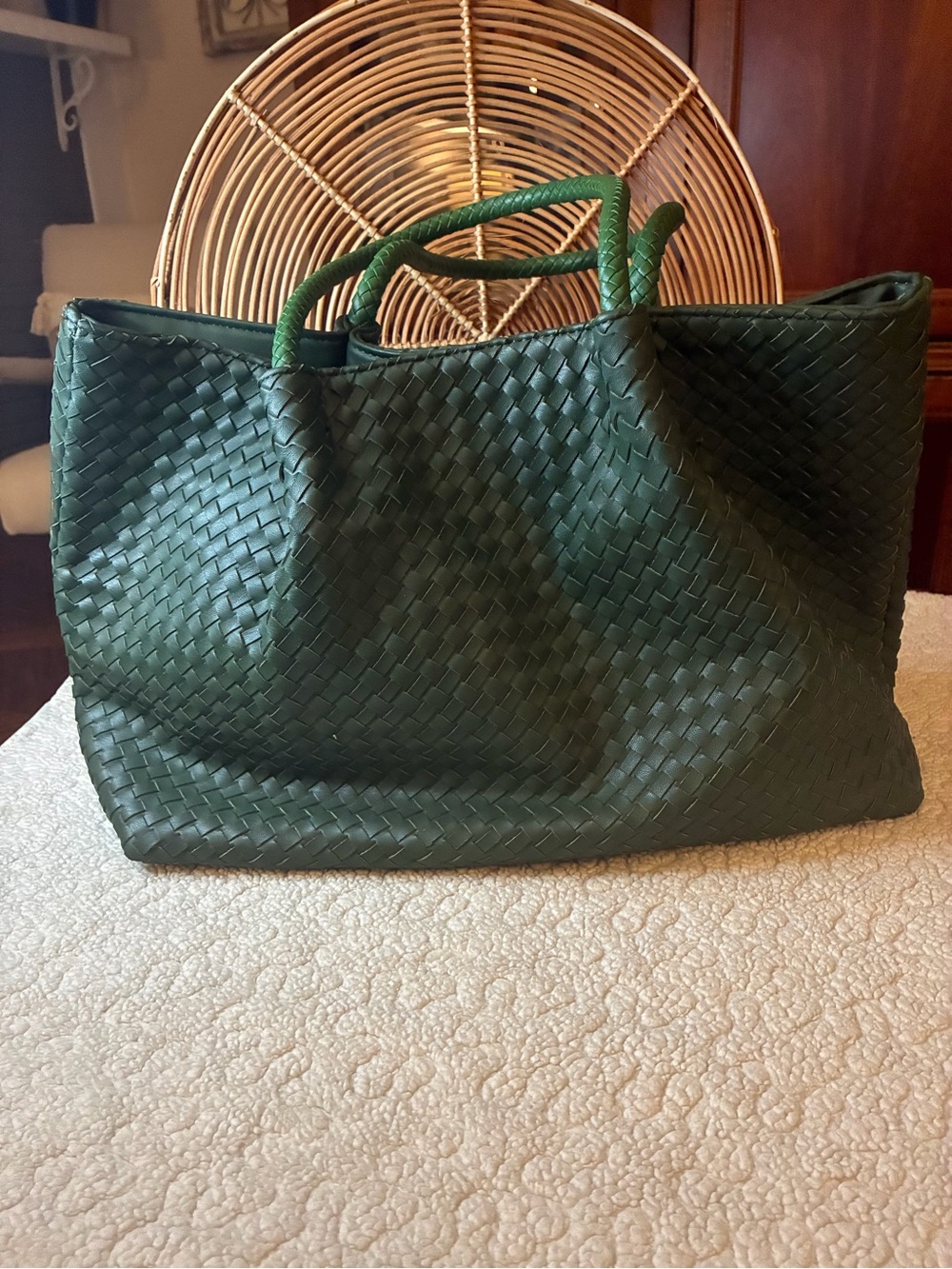 Lulu Dharma Green Woven Tote Bag Large Shoulder Purse Braided Handles